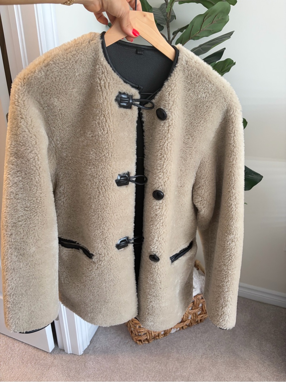 Mango Beige Teddy Shearling Jacket with Black Trim
